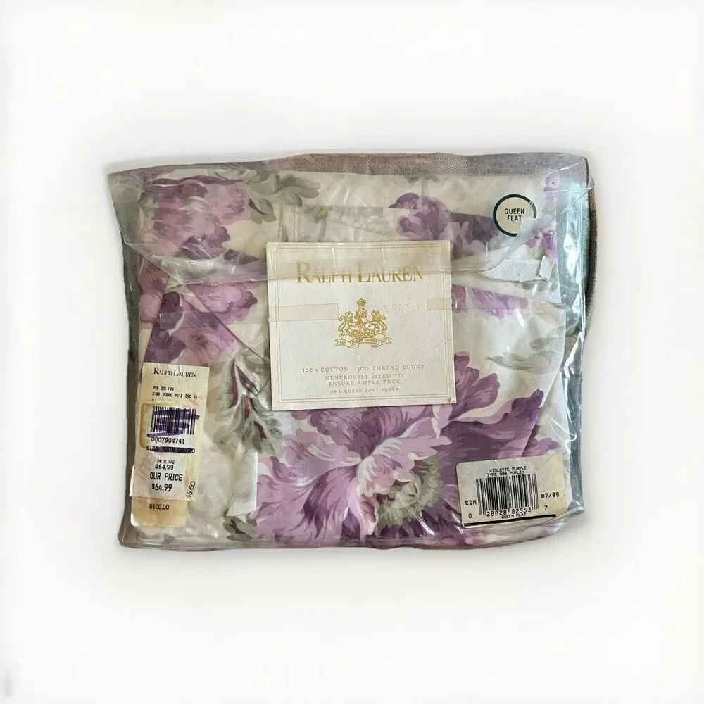 Ralph Lauren Violette Purple Cabbage Rose Floral Queen Flat Sheet Vintage 300 TC